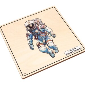 May include: A wooden puzzle piece featuring a cartoon illustration of an astronaut in a spacesuit. The text "Parts of an Astronaut Spacesuit" is printed on the puzzle piece.