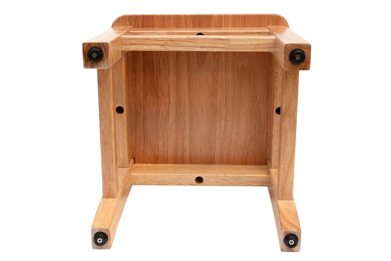 Close-up of the ladder-back design on the 14-inch wooden toddler chair, showing the sturdy construction and natural wood grain finish.