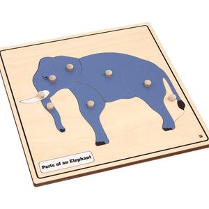 May include: A wooden puzzle featuring a blue elephant with five peg holes. The puzzle is labeled "Parts of an Elephant".