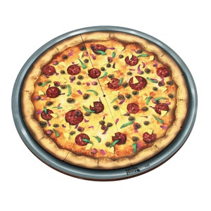 May include: A round pizza with a variety of toppings, including pepperoni, green peppers, onions, and pineapple. The pizza is in a metal pan with a silver rim and a brown base. The pizza is divided into 12 slices.
