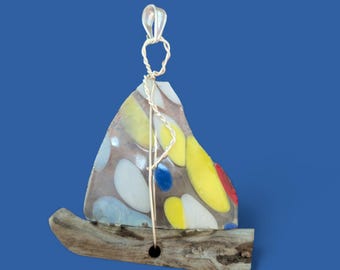 Blown Glass Sailboat Pendant – Handcrafted Driftwood Hull Ocean Jewelry
