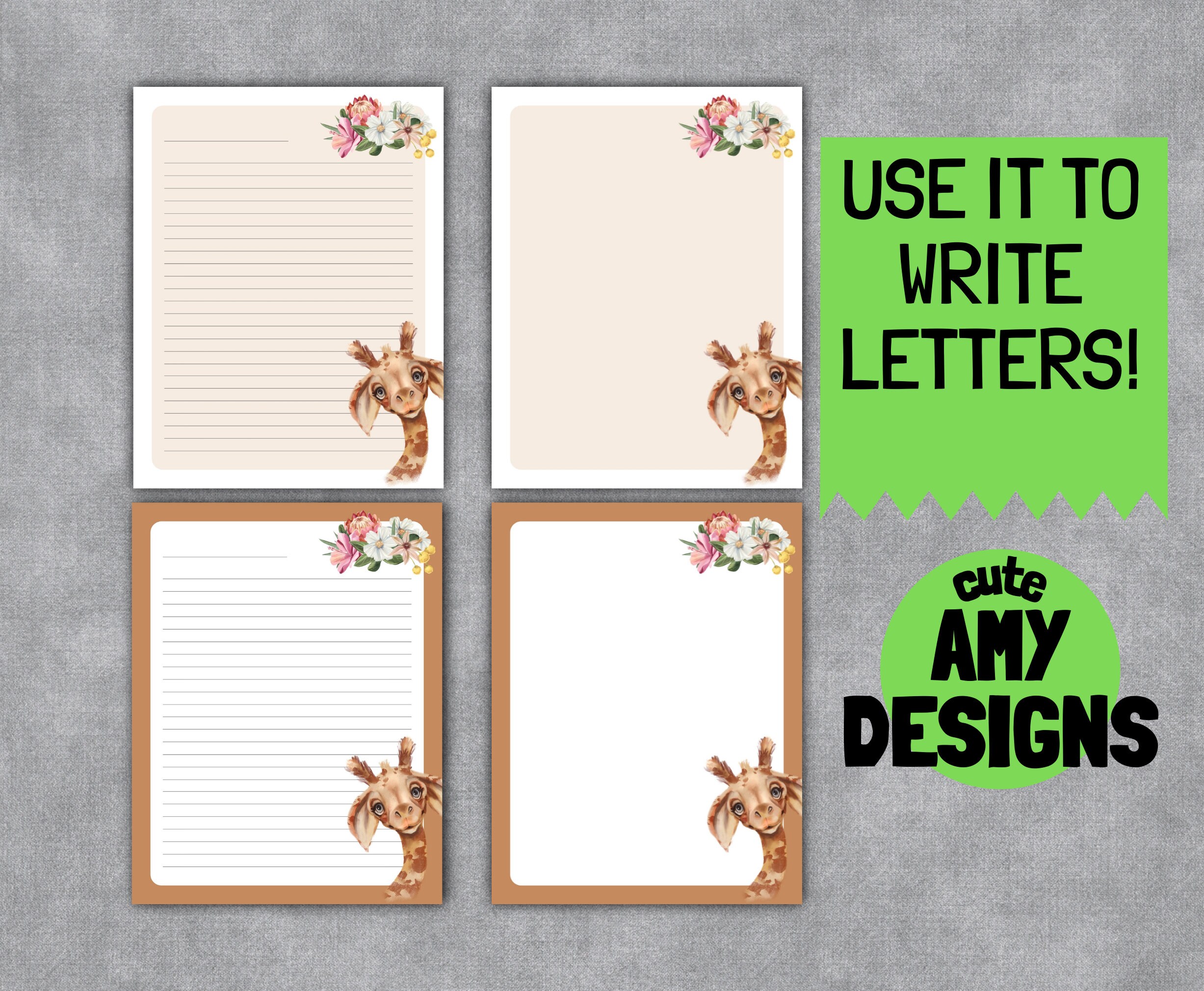 Printable Stationery Paper Set US Letter and A4 Size, Cute Giraffe ...