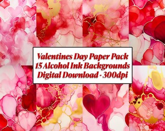 15 Pack Valentines Pink, White, & Gold Alcohol Ink Paper! Red and Gold Hearts, Alcohol Ink Paper, Alcohol Link Background, Clip Art