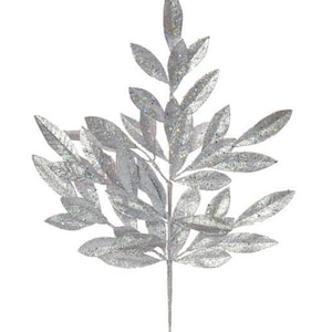 Silver Glitter Bay Leaf Spray