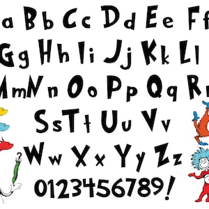 Fuente Dr. Seuss, imágenes de texto de fuente divertida, El gato con sombrero, archivo OTF del alfabeto Dr. Seuss para Cricut Design Space Cutting, archivo SVG Cut