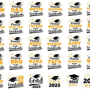 May include: A set of 25 printable graduation designs featuring a black graduation cap and gold stars. The designs include phrases like "Proud Mum of the Graduate" and "Proud Dad of the Graduate".