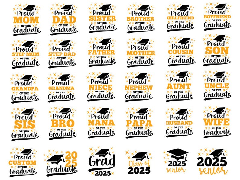 May include: A set of 25 printable graduation designs featuring a black graduation cap and gold stars. The designs include phrases like "Proud Mum of the Graduate" and "Proud Dad of the Graduate".