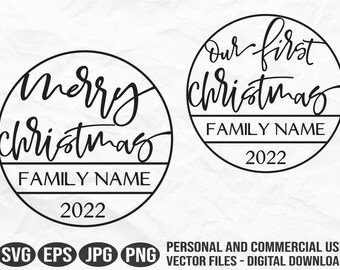 Puede incluir: Dos diseños de círculos en blanco y negro con el texto "Nuestra primera Navidad" y "Feliz Navidad" con el año 2022 y las palabras "Nombre de la familia" en el centro.