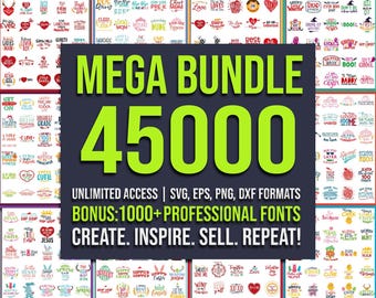 Op de afbeelding: Een groene en gele afbeelding met de tekst "MEGA BUNDLE 45000" en de tekst "UNLIMITED ACCESS | SVG, EPS, PNG, DXF FORMATS BONUS:1000+PROFESSIONAL FONTS CREATE. INSPIRE. SELL. REPEAT!" De afbeelding is omgeven door een collage van kleurrijke afbeeldingen met tekst.
