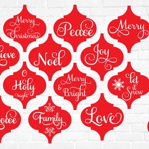May include: Ten red, decorative, Moroccan-style ornaments with white calligraphy. The ornaments feature Christmas-themed words like "Peace", "Noel", "Joy", "Merry Christmas", "Believe", "Let it Snow", "O Holy Night", "Merry & Bright", "Rejoice", "Family", and "Love".