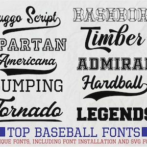 Peut inclure: Une collection de polices de caractères sur le thème du baseball, dans divers styles, dont script, bloc et serif. Le texte "TOP BASEBALL FONTS" est affiché dans un rectangle bleu, avec le texte "(20 UNIQUE FONTS, INCLUDING FONT INSTALLATION AND SVG FORMAT)" en dessous.