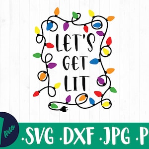 以下が含まれることがあります： クリスマスライトの文字列の白黒のデザインで、ライトの中に「Let's Get Lit」というテキストがあります。