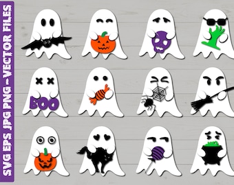 Może przedstawiać: Zestaw 10 ilustracji duchów halloweenowych z różnymi wyrażeniami i dodatkami. Duchy są białe z czarnymi oczami i ustami. Niektóre duchy trzymają dynie, słodycze, pajęczynę, miotłę, kocioł, czaszkę, nietoperza i czarnego kota.