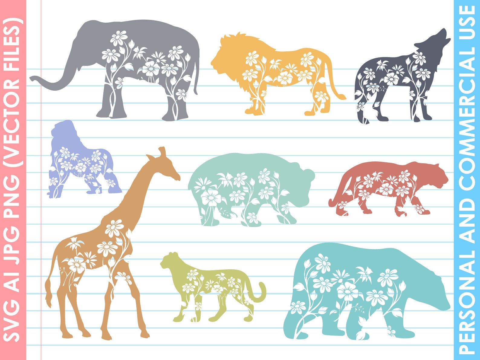 Floral Animal Svg, Bundle Svg, Floral Animal Silhouette SVG, Animal Svg ...