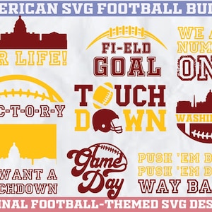 May include: A set of 10 American football themed SVG designs. The designs feature various football related phrases and images, including "For Life!" "Victory", "Touchdown", "Game Day", "We Are Number One", and "Push 'Em Back!" The designs are in red, yellow, and white.