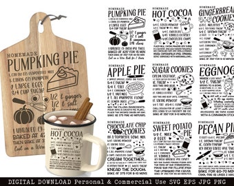 Pode incluir: Um download digital de 10 cartões de receita imprimíveis para assar no outono e inverno. Os cartões apresentam ilustrações em preto e branco de torta de abóbora, chocolate quente, biscoitos de gengibre, torta de maçã, biscoitos de açúcar, eggnog, biscoitos de chocolate, torta de batata doce e torta de nozes pecan. Cada cartão inclui um título de receita e ingredientes.