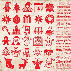 以下が含まれることがあります： 赤色のクリスマスアイコンとフォントのセット36個。アイコンには、トナカイ、サンタクロース、クリスマスツリー、ベル、星、雪片、ギフトボックス、ポインセチア、キャンディーケーン、ジンジャーブレッドマン、雪だるま、クリスマスストッキング、天使が含まれています。フォントには、さまざまなスタイルの「メリークリスマス」が含まれています。