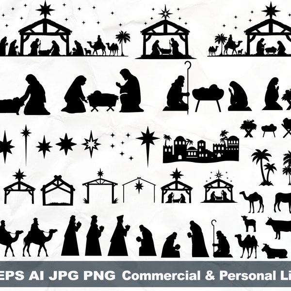 Crèche de Noël Silhouette Bundle Svg, Oh Holy Night, Svg Silent night, crèche de Noël svg, crèche de Noël svg, svg Pâques 2024, Svg religieux