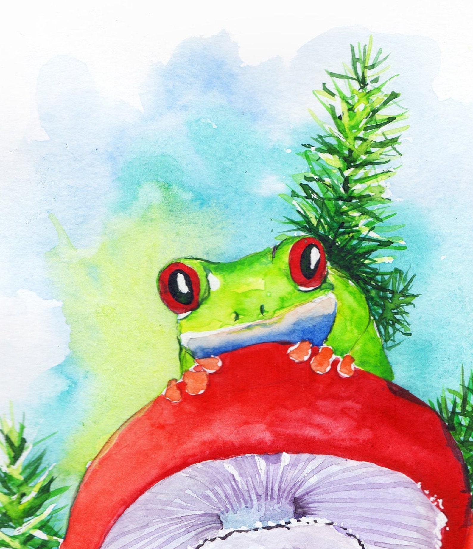 Frog on mushroom original watercolor hand painting red-eyed | Etsy
