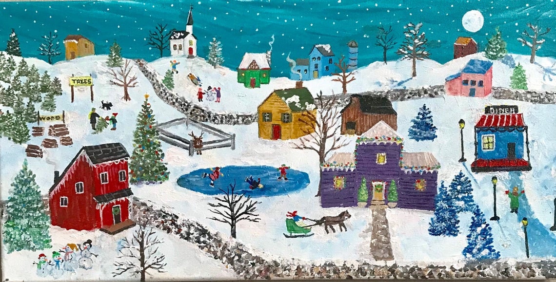 Winter Village Folk Art Scene Original Art by Debbie Ritter Etsy
