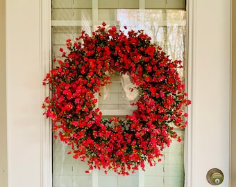 Floral Wreath with Red Flowers, All Season Floral Grapevine Wreath for Front Door, Wildflower Grapevine Wreath, Red Floral Door Wreath