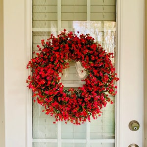 Floral Wreath with Red Flowers, All Season Floral Grapevine Wreath for Front Door, Wildflower Grapevine Wreath, Red Floral Door Wreath