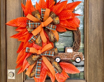 Fall Grapevine Wreath: Orange Leaves, Cheetah Truck, Wired Bow