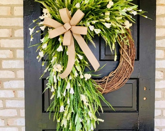 Greenery Grapevine Door Wreath, Saw Grass Wreath, Spring Greenery Wreath with White Flowers, Large Spring Grapevine Wreath, Gift for Her