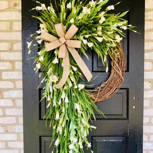Greenery Grapevine Door Wreath, Saw Grass Wreath, Spring Greenery Wreath with White Flowers, Large Spring Grapevine Wreath, Gift for Her