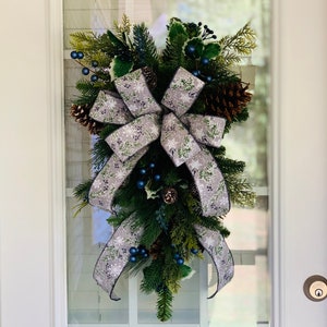 Navy Blue Winter Swag, Holiday Swag for Front Door, Blue Winter Swag with Berries, Christmas Swag with Blue for Front Door, Door Swag