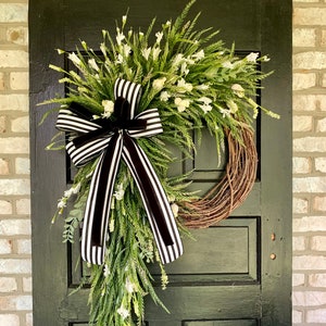 Greenery Grapevine Door Wreath, Saw Grass Wreath, Spring Greenery Wreath with White Flowers, Large Spring Grapevine Wreath, Gift for Her