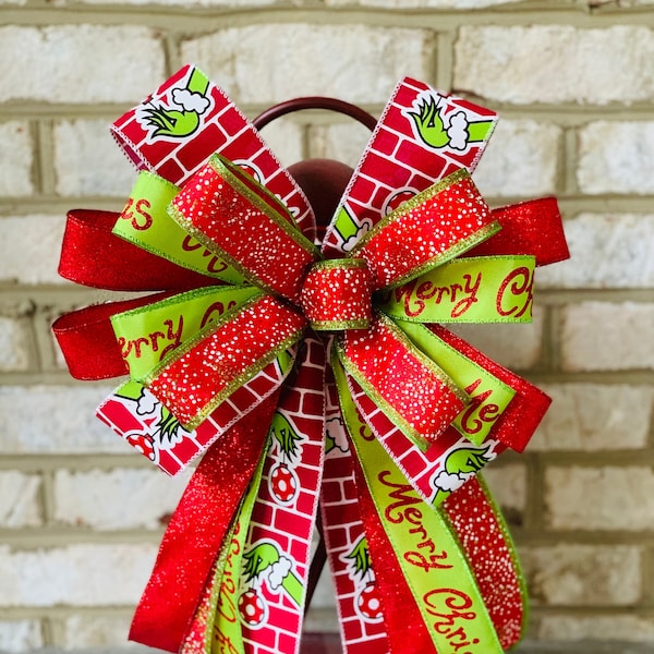 Lime Green Christmas Bow, Merry Christmas Wreath Bow, Red and Green Lantern Bow, Whimsical Christmas Bow, Holiday Wreath Bow, Bow for Tree