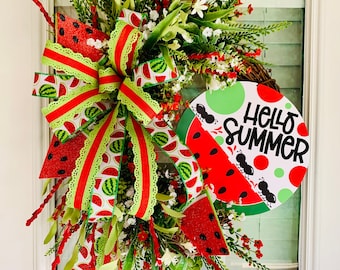Watermelon Front Door Wreath, Summer Grapevine Wreath, Summer Flower Wreath with Watermelon, Hello Summer Door Wreath, Watermelon Door Decor