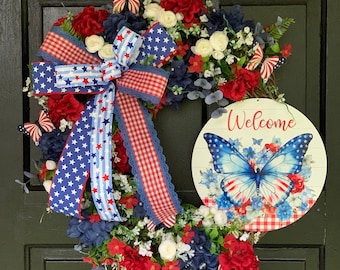 Patriotic Front Door Grapevine Wreath, Patriotic Wreath with Butterflies, July 4th Flower Wreath, Independence Day Wreath, Patriotic Wreath