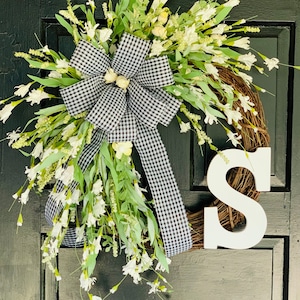 White Flower Grapevine Wreath: Summer Door Decor with Gingham Bow