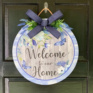 Welcome Door Hanger with Blue Flowers, Welcome Door Hanger with Bow and Flowers, Blue Door Hanger with Flowers, Summer Door Hanger with Bow