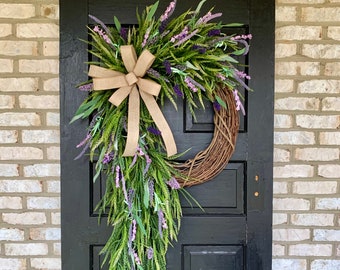 Saw Grass Wreath, Spring Wreath with Flowers, Spring Greenery Grapevine Wreath, Large Spring Door Wreath, Purple Flower Door Wreath, Wreath