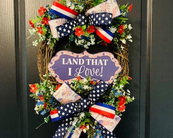 Patriotic Front Door Grapevine Wreath, Memorial Day Grapevine Wreath, Land That I Love Wreath, Fourth of July Front Door Wreath, USA Wreath