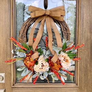 Fall Peony Wreath, Peony Grapevine Wreath, Peony Wreath for Door, Autumn Door Wreath, Fall Wreath with Flowers, Fall Front Door Wreath