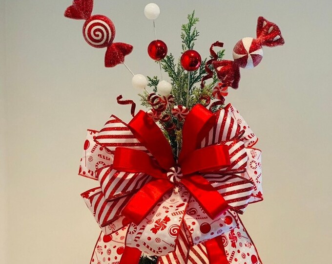 Peppermint Christmas Tree Topper, Candy Cane Bow, Candy Christmas Tree