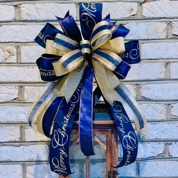 Blue and Gold Christmas Bow: Glitter Merry Christmas Wreath Decor