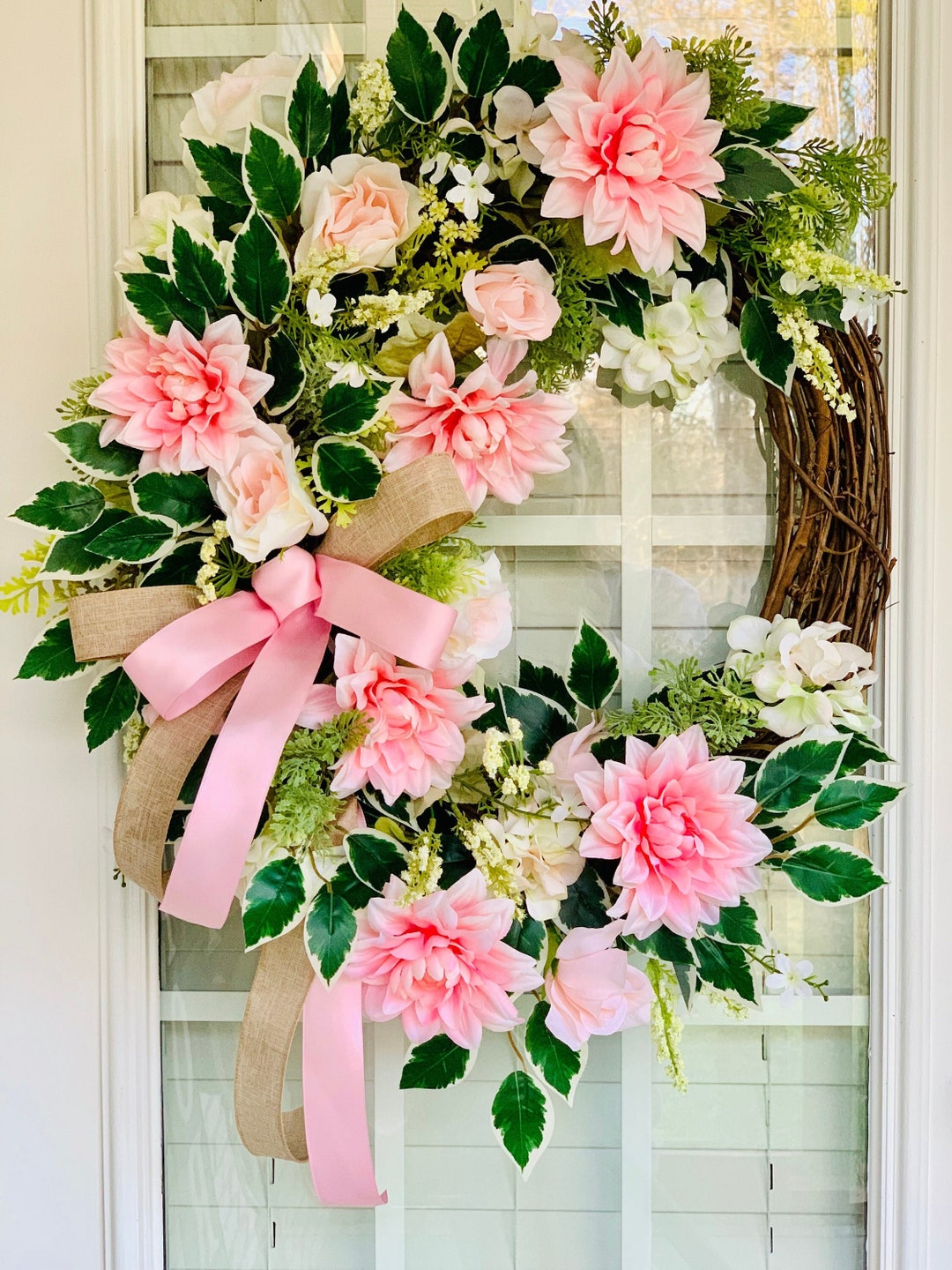 Front Door Wreath With Roses, Multi Pink Floral Wreath, Hydrangea and ...