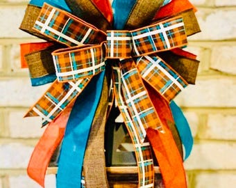 Fall Bow, Fall Bow for Wreath, Fall Bow for Lantern, Orange and Blue Fall Bow, Burnt Orange Bow, Farmhouse Fall Bow, Teal Fall Bow,
