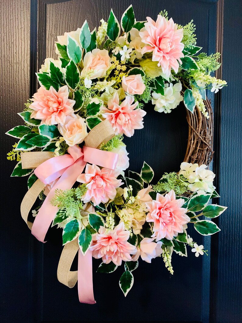 Front Door Wreath With Roses, Multi Pink Floral Wreath, Hydrangea and ...