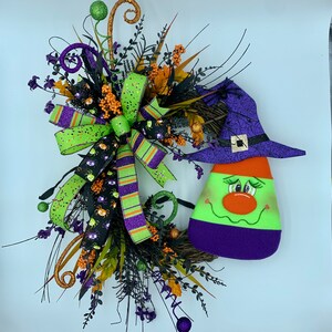 Halloween Wreath With Witch for Front Door, Witch and Candy Corn Wreath ...