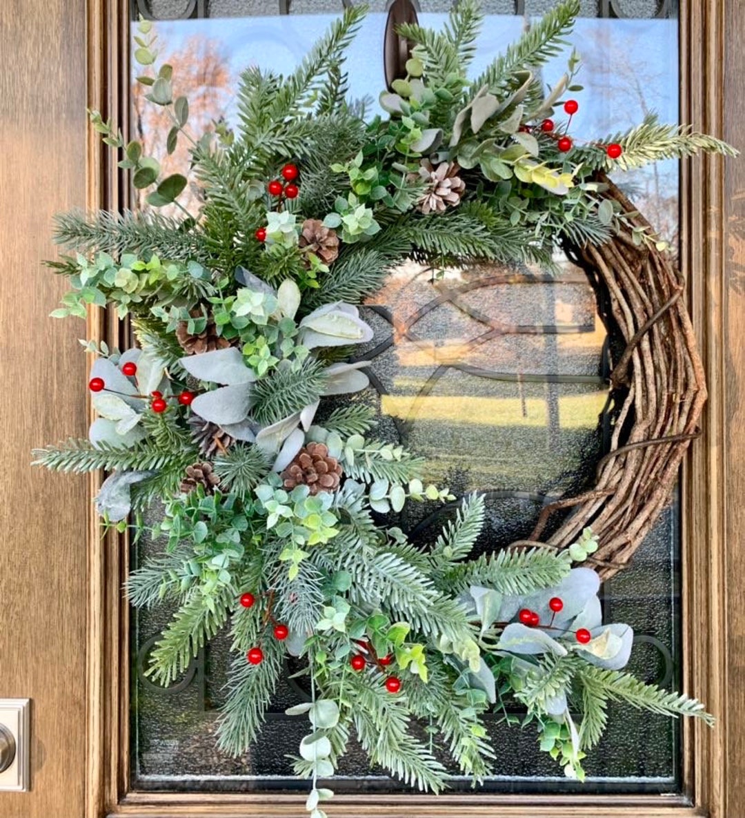Red Berry Winter Wreath: Eucalyptus, Pine Cones & Lambs Ear - Etsy