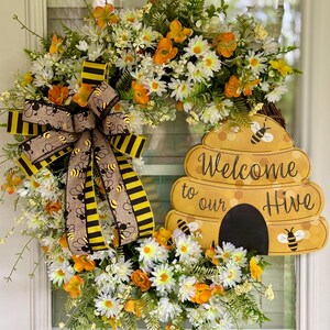 Bee Wreath for Front Door, Bee Wreath With Sign, Bumble Bee Grapevine ...
