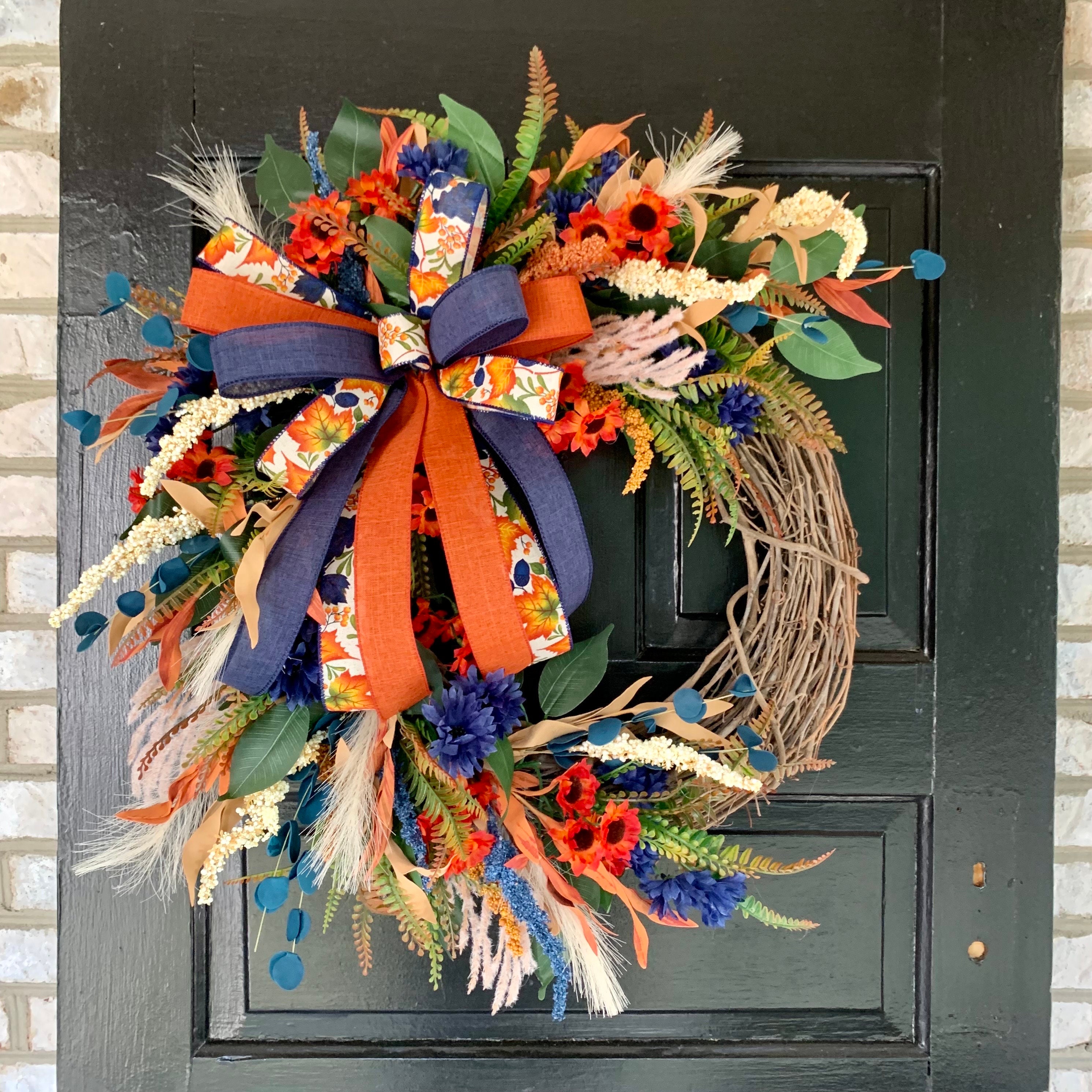 Orange & Blue Sunflower Grapevine Wreath: Fall Front Door Decor - Etsy