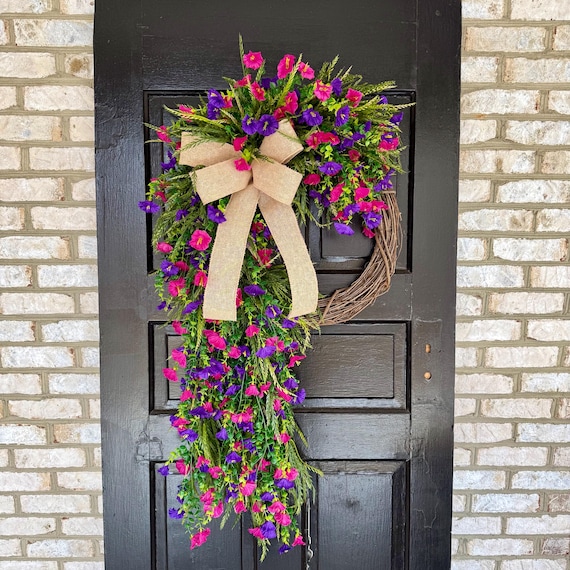 Summer Front Door Wreath, Summer Floral Wreath, Summer Greenery Grapevine Wreath, Saw Grass Door Wreath, Front Door Decor With Flowers