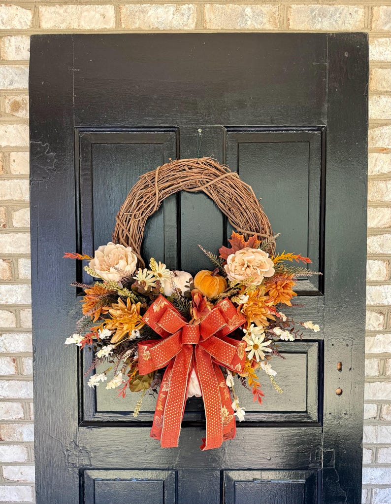 Fall Front Door Wreath, Fall Grapevine Wreath With Flowers, Pumpkin Door Wreath, Peony Grapevine Wreath, Autumn Wreath, Harvest Door Wreath image 1